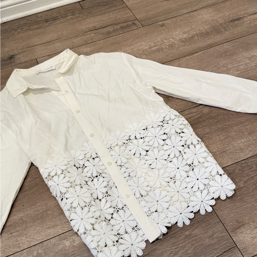 Zara White Floral Lace Button-Up Shirt